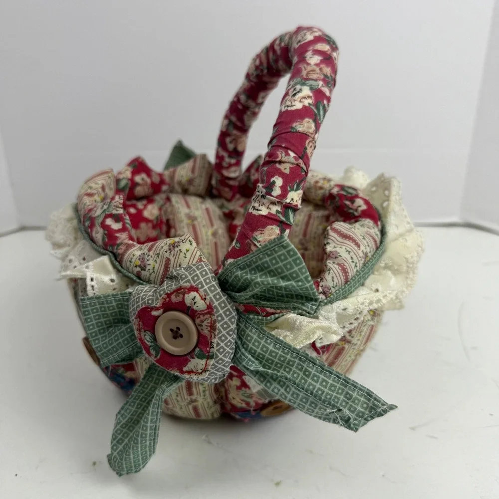 Handmade Quilted Patchwork Fabric Basket Floral Lace Button Country Cottage Red